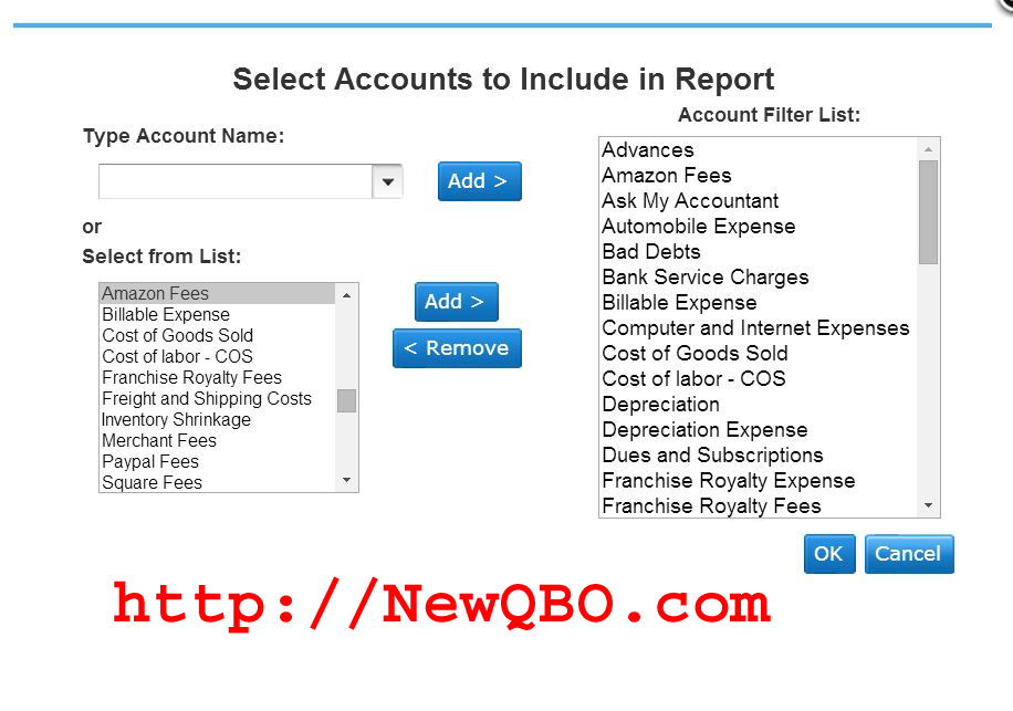 Accounts to include in report