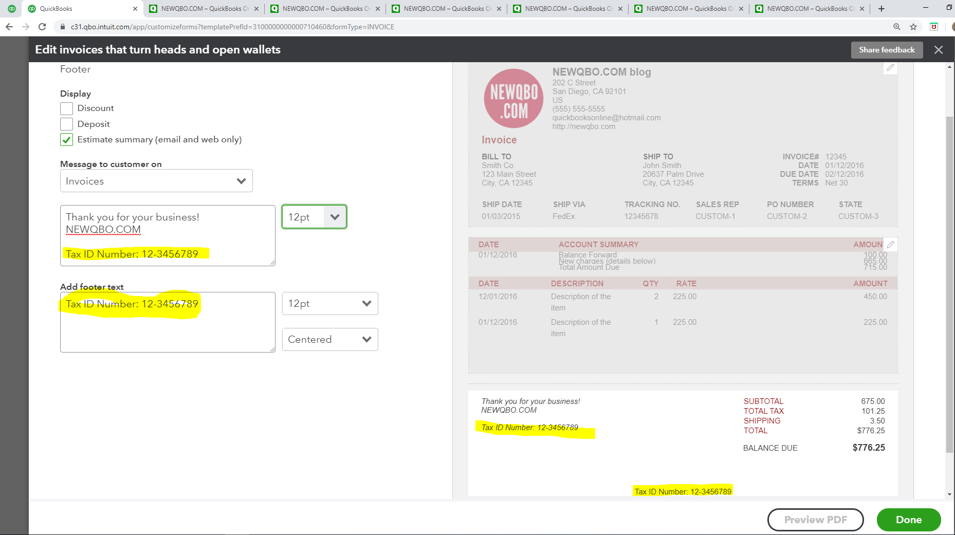 How to show company Tax ID number on the Invoice form – NEWQBO.COM